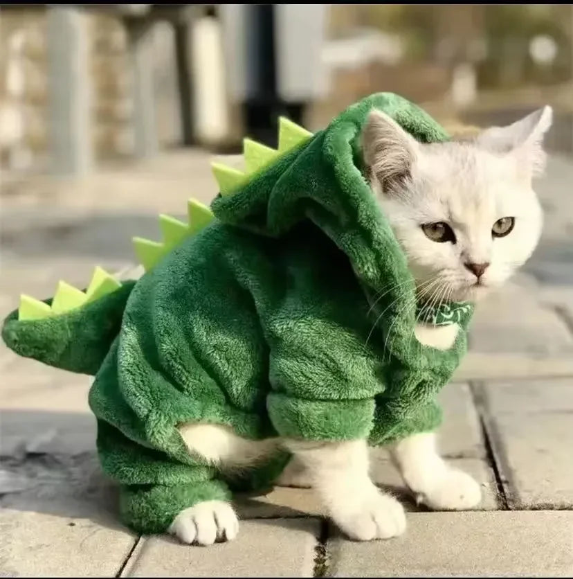Funny Dinosaur Pet Costume – Halloween Fleece Hoodie for Small Dogs & Cats, Warm Winter Cosplay Sweater